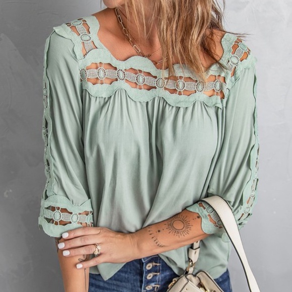 BellanBlue Tops - 044 Boho Mint Green Romantic Crochet Cut out Blouse